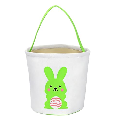 Image of Easter Bunny Basket Bag for Kids, Canvas Cotton Egg Hunt Tote with Rabbit Print, Bunny Gift Bag for Boys and Girls, Lightweight Reusable Candy and Egg Holder, Multiple Colors (bunny Basket - Green)