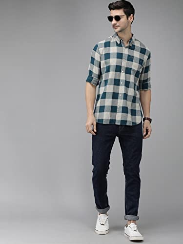 Image of THE BEAR HOUSE Men's Cotton Teal Blue Pure Cotton Checked Slim Fit Flannel Shirt | 3XL |TBH-JUUL-TL-3XL |