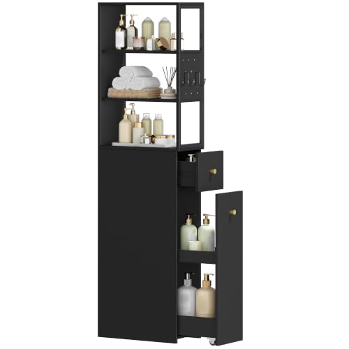 Hzuaneri Mueble de Baño Alto, Armario de Almacenaje, con Cajón, 3 Estantes Abiertos, Armario Estrecho para Baño, Cocina, Salón, 40 x 20 x 140 cm, Negro BC32006B