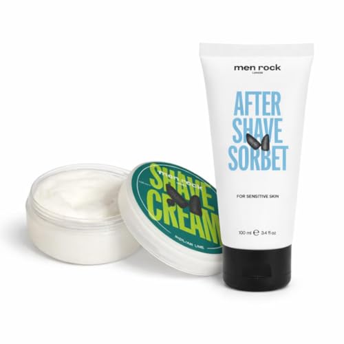 Men Rock Shave Cream & Aftershave Balm Bundle – Sicilian Lime Hydrating Shave Cream & Sensitive Unscented Aftershave Balm, Soothes Razor Burn & Ingrown Hair, Cruelty Free, 2 × 100 ml
