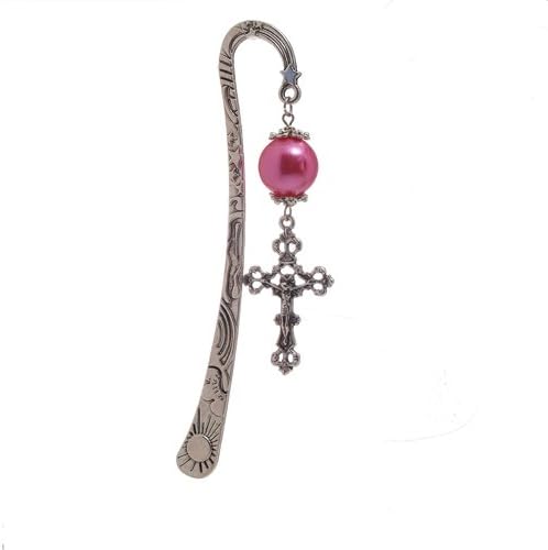 Fashion Tibetan Style Bookmarks with Imitation Pearl Acrylic Beads and Cross Pendants, Magenta