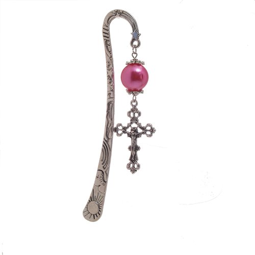 Fashion Tibetan Style Bookmarks with Imitation Pearl Acrylic Beads and Cross Pendants, Magenta