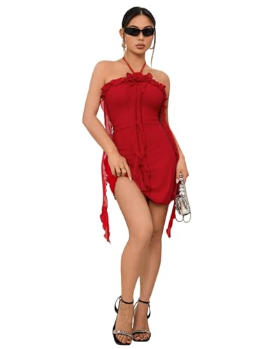 SOLY HUX Women's Summer Dresses Halter Bodycon Irregular Ruffle Trim 3D Flower Cami Mini Party Club Dress4