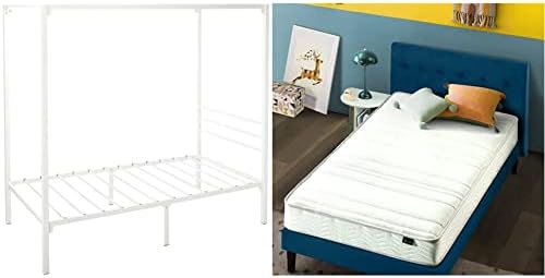 Zinus Patricia White Metal Canopy Platform Bed Frame, Twin & 6 Inch Foam and Spring Mattress/CertiPUR-US Certified Foams/Mattress-in-a-Box, Twin
