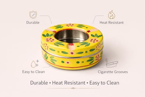 Image of iHandikart Handpainted Ash Tray 4x2 Inch | Metal Ashtray for Home, Table & Car Use | Multicolour Decorative Ashtray | Handmade Smoking Accessories for Indoor & Outdoor Use(Yellow)