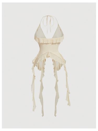 MakeMeChic Women's Floral Halter Top Tie Front Y2K Backless Ruffle Trim Fringe Camisole2