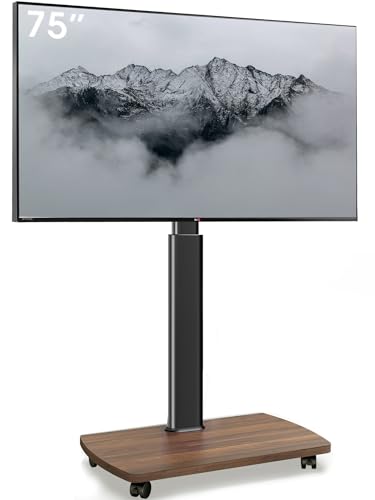AOKCOS TV Bodenständer Rollbar mit Holzregal, TV Ständer mit Rollen für 43-75 Zoll Flach & Curved Fernseher bis 50kg, Höhenverstellbar Schwenkbar Fernsehstand, Max.VESA 600x400mm