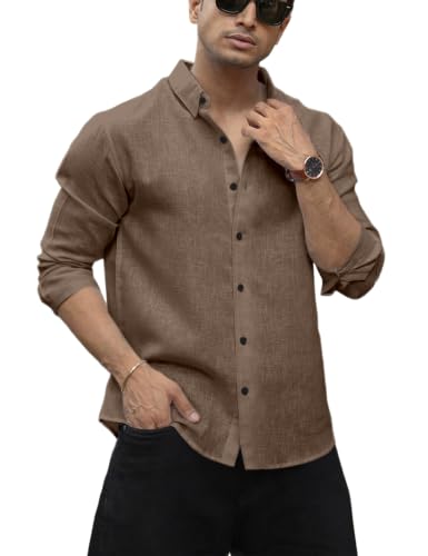 Image of NexaFlair Men's Shirt Regular Fit Solid Pattern Linen Cotton with Long Sleeve Collared Neck Standard Length and Button Down Closure Type | Mens Casual Shirts | Man's Formal Shirts