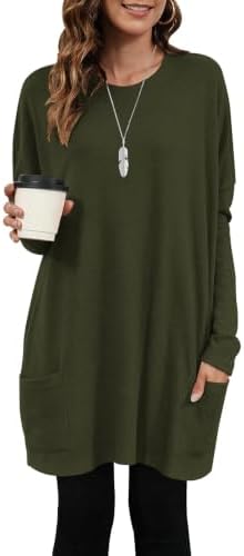 AUSELILY Longpullover für Damen Langarmshirt Lang Oversized Rundhalsausschnitt T-Shirts Sweashirt Tunika Damen Pulli Long-Shirt Kleid mit Taschen