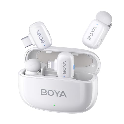 BOYA BOYAMINI micrófono inalámbrico de solapa, con puerto USB-C/Lightning, para iPhone/Android/Smartphone/Laptop/PC Podcast Live Stream Tiktok Facebook video vlog (2TX+2RX)