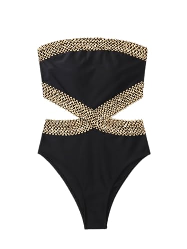 Milumia Women's Stitch Detail Strapless One Piece Swimsuit Cut Out Bandeau Bathing Suit Black Medium