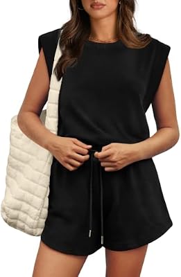 OFEEFAN Women's Romper – Summer Casual Adjustable Waist Black Outfit for Vacation, Cruise & Beach