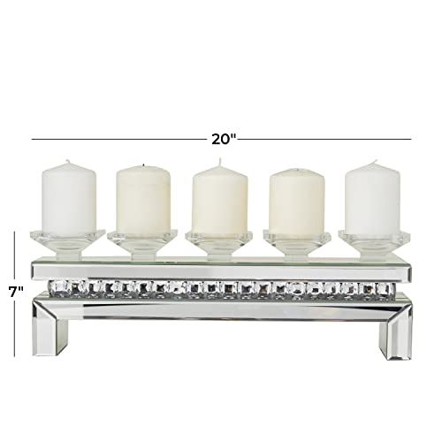 Deco 79 Wood Pillar 5 Plate Candle Holder With Mirrored Accents, 20" X 4" X 7", Silver #TOP2