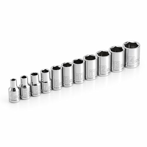 Powerbuilt 11 Piece Metric Shallow Socket Set, 1/4-Inch Drive, 6 Point, Dual Grease Rings, Size Markings - 640498, Silver