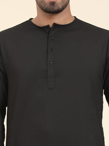 Image of Amazon Brand - Anarva Men's Cotton Solid Round Neck Kurta Long Sleeves Straight Knee Length Casual Shirt