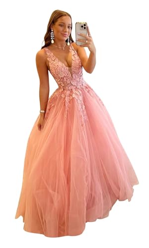 Damen Abendkleider Lang V-Ausschnitt Blume Tüll Abschlussballkleider a Linie Rückenfrei Formelle Party Ballkleider