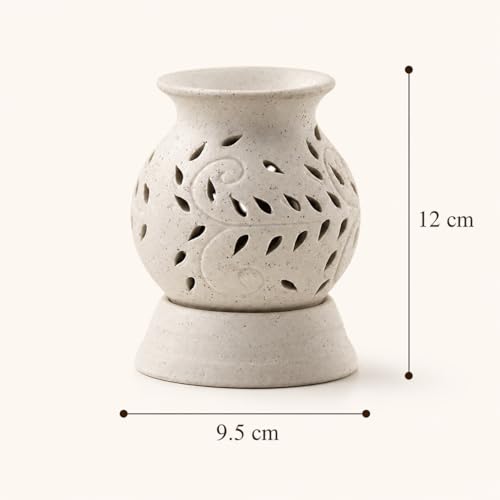 Image of BRAHMZ Ceramic Electric Aroma Oil Diffuser | Ancient Matki Design Oil Burner with Halogen Bulb & Lavender Aroma Oil (White, 10g)