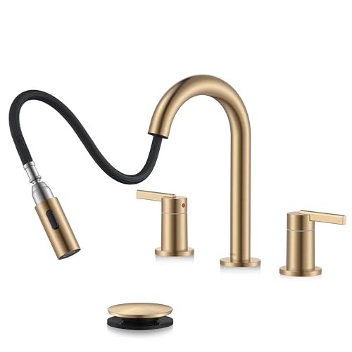 KENES Champagne Bronze Pull Down Bathroom Faucet 8 Inch 2 Handle Widespread Bathroom Faucet 3 Hole with Pull Out Sprayer Bathroom Vanity Faucet with Pop Up Drain & Supply Lines LJ-9068-CB