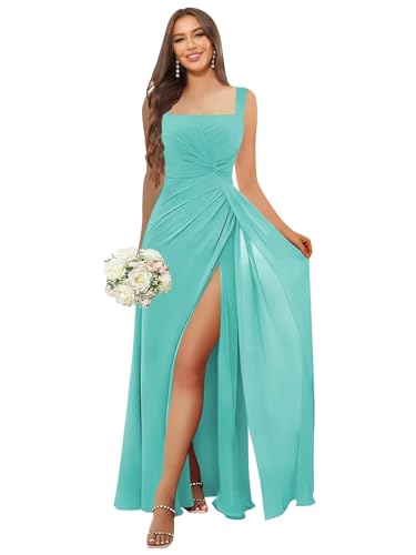 Image of HANVAIOS Square Neck Bridesmaid Dresses Long Chiffon Formal Maxi Dress with Slit