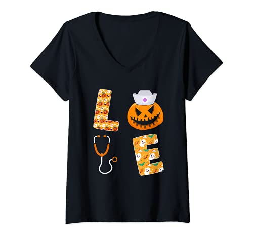 Mujer Amor Halloween Enfermera Calabaza Enfermera Estetoscopio Trabajo Médico Camiseta Cuello V