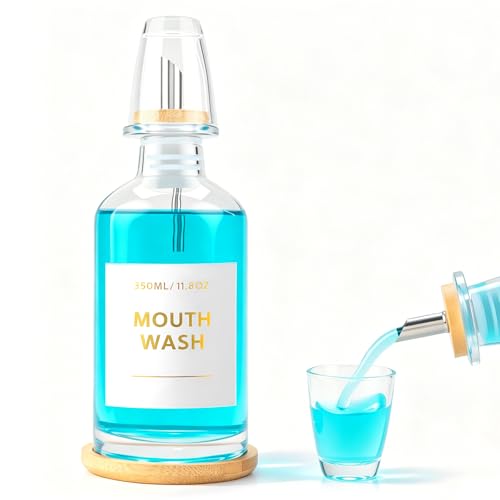 Image of Glass Mouthwash Dispenser for Bathroom 11.8OZ, Clear Refillable Mouthwash Container with Glass Mouthwash Cup, Bamboo Tray and Golden Sticker, Stainless Steel Pour Spout and Funnel