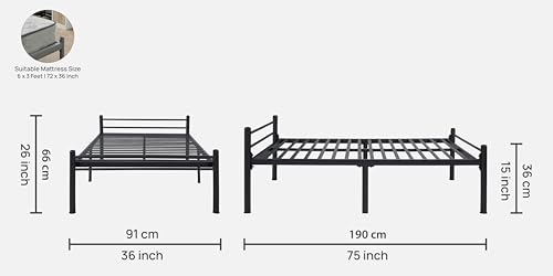 Image of Nivo Metal Extra Single Size Bed Without Storage | Wrought Iron Cot with Headboard & Footboard| Sturdy Powder Coated Platform Bed Extra Single Size Cot for Bedroom (Nivo Black)