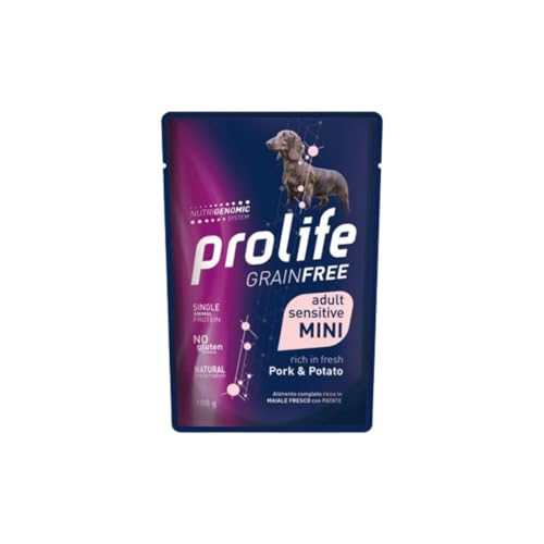 Prolife umido per cani monoproteico sensitive grainfree adult mini MAIALE e PATATE 100g | 12 bustine da 100g l'una.