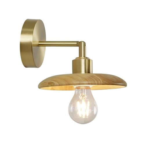Lámpara de pared giratoria LED de cobre y madera estilo retro para dormitorio