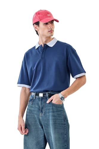 Image of SNITCH Men Polo Plus Size T-Shirt | Solid Polo with Contrast Inner Placket & Tipped Cuffs | 96% Cotton 4% Lycra Stretch Regular Fit, Casual Wear