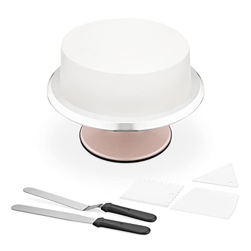 Navaris Rotating Cake Stand - Pink Base - Cake Display & Decorating Set With 30Cm Metal Turntable | 1 Offset Spatula | 1 Straight Spatula | 3 Scrapers #TOP6
