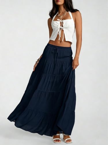 Image of Women's Boho Maxi Skirt Ruffle Flowy Low Rise A Line Beach Long Skirts | Flared Ruffle, Elastic Waist, Summer Vacation Skirts