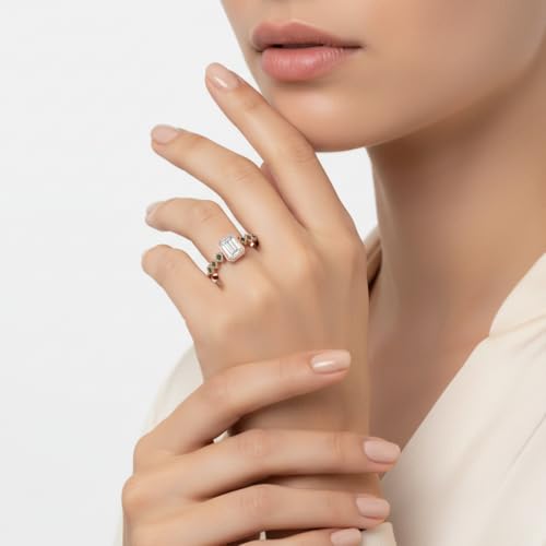 Image of Choose Your Gemstone Bezel Set Emerald Accented Diamond CZ Ring Rose Gold Plated Emerald Shape Side Stone Engagement Rings for Women, Girls and Ladies US Size 4 to 12