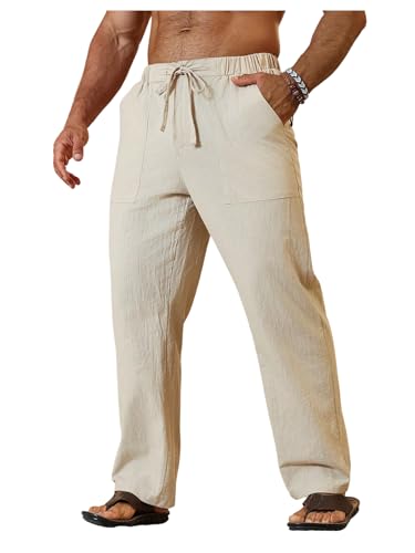 Men's Drawstring Waist Linen Pants Straight Wide Leg Resort Vacation Trousers with Pockets