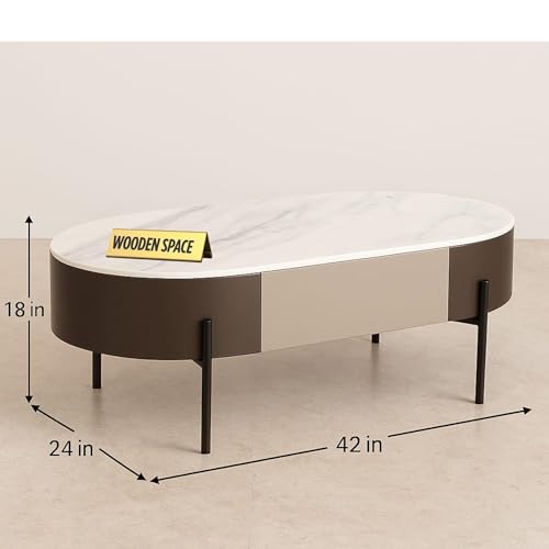 Image of WOODEN SPACE Premium Marble-Top Center Table with Iron Legs | PVD Coated Modern Coffee Table for Living Room & Entryway | 42x24x18 Inches (Brown and Cream)