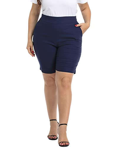 Hde Plus Size Bermuda Shorts Mid Rise 10' Inseam Women’s Stretchy Knee Length Pull On Dress Shorts With Pockets Tummy Control Navy - 1X