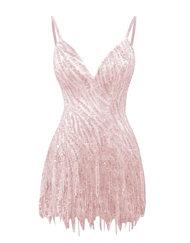 Hoepoly Blush Pink Sparkly Sequin Bodycon Mini Dress for Teens V Neck Short Homecoming Dresses with Tassel Cocktail Party Mini Gowns Fringe Trim 0