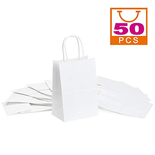 White Kraft Paper Bags 5"x3"x8"，Mesha 50pcs Gift Bags with Handle，Small Paper Shopping Bags，Paper