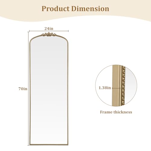 Image of WallBeyond Gold Vintage Full Length Mirror with Stand for Vanity 24x70 Inch, Gold Antique Mirror with Ornate Frame, Arched Vintage for Bathroom, Living Room, Bedroom, Entryway