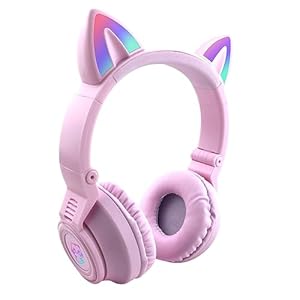 YUSONIC Children’s Headphones from 3 Years, Over-Ear Cat Ears Headphones with LED Light, Microphone, Micro SD/TF for Mobile Phone/Tablet/PC (Vielot + Pink)