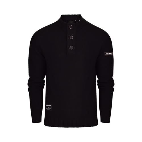 Image of Firetrap Mens 3 Button Funnel Neck Jumper Pullover Winter Sweaters Cotton Blend Jumpers Quarter Half Button Men Top Jumoers Designer Smart Top Knitted Knitwear Sweatshirt Jumpers for Men Black S