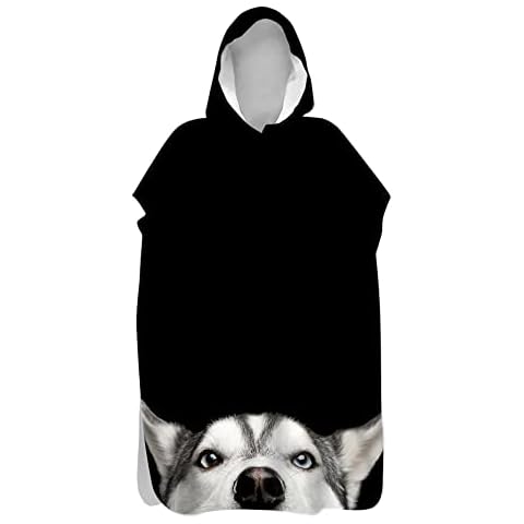 Lukery Changing Poncho Towel Robe, Beach Surfing Swimming Poncho Robe for Adult Boys Kids, Light Weight Changing Towel Poncho Hooded with 3D Animal Printed (Husky dog,80x145cm) Cover