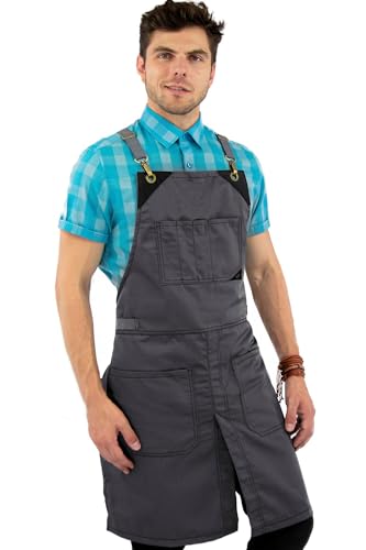 Under NY Sky Delantal Gris - Sarga Profesional - Correas de Espalda Cruzada - Multi Bolsillos - Ajustable, Hombres, Mujeres, Chef, Barista, Barbero, Barman, Dependiente de Tenda, Artista del tatuaje