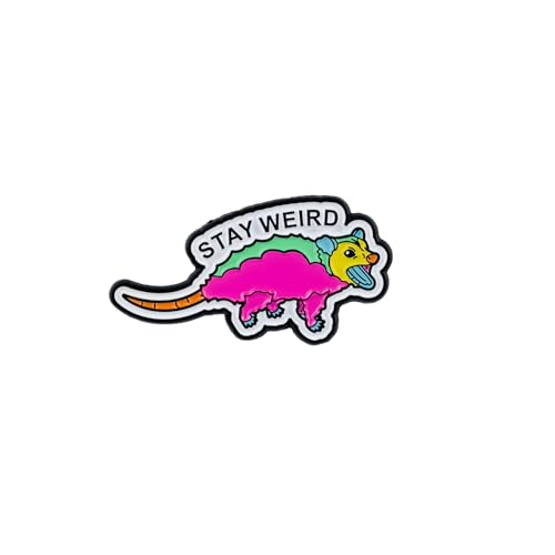 A cheeky enamel pin celebrating weirdness with a trash-goblin opossum — the kind of accessory that instantly signals your personality on a jacket or tote bag.