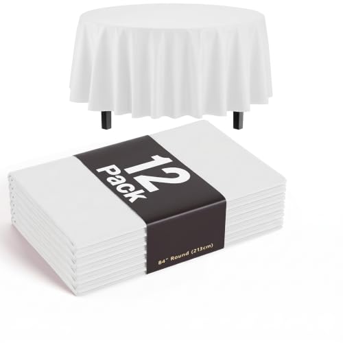 Image of Exquisite 12-Pack Plastic Tablecloth 84 inch Round Value Pack Plastic Table Cover - White
