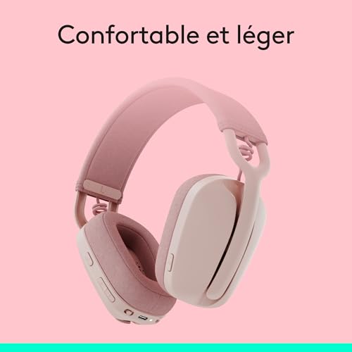 Logitech Zone Vibe 100 Casque d'écoute léger sans fil avec Micro anti-bruit de fond, Écouteurs Bluetooth multipoint avancés, Fonctionne avec Teams, Google Meet, Zoom, Mac/PC - Rose