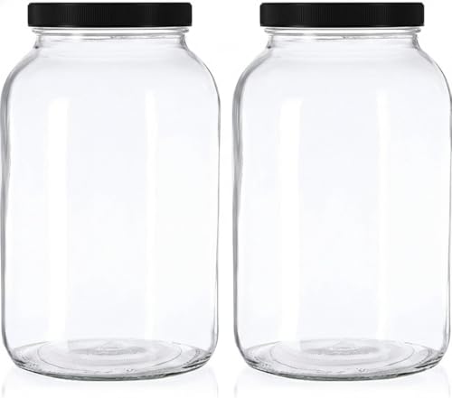 kitchentoolz 1 Gallon Glass Mason Jars – Extra Large Wide Mouth Jars with Airtight Lids – Perfect for Sourdough Starter, Fermenting, Pickling, and Storage – Made in the USA – Pack of 2 - Black