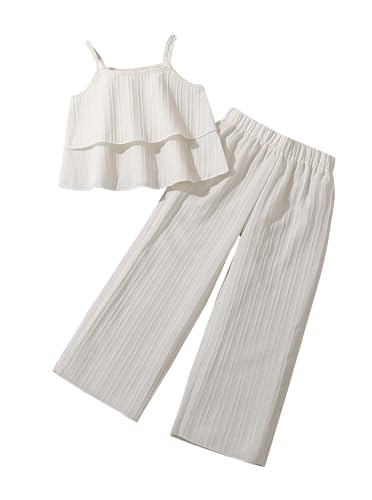 Image of Little Girls Summer 2 Piece Outfits Cute Cami Top and Wide Leg Pants Set Beige 4-5Y