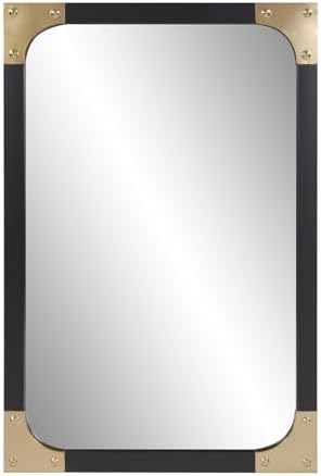 Howard Elliott Atlas Rectangular Wall Hanging Mirror, Large Metal Framed Farmhouse Mirror with Bronze Plated Corner, Accent Decor Vanity Mirrors for Living Room & Farmhouse, Matte Black, 36 x 24 Inch