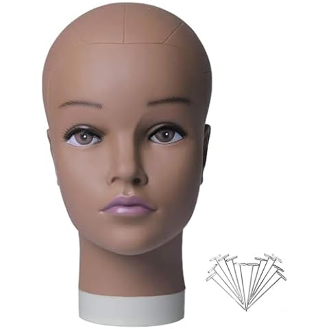 HAIRWAY Bald Mannequin Head Female Professional Cosmetology Training Head Bald Manikin Head for Wigs Making and Display Doll Head with Free T-pins (Brown, 21.5inch) Cover
