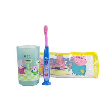 PEPPA PIG. 4-teiliges Set: Kulturbeutel + Ergonomische Bürste + Glas + Elektrische Bürste. TINOKOU Cover